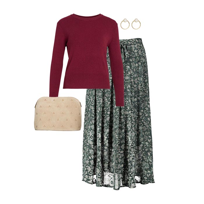 Look femme vert et bordeaux